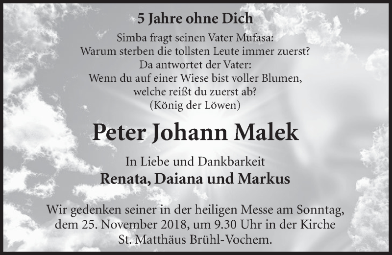  Traueranzeige für Peter Johann Malek vom 21.11.2018 aus  Schlossbote/Werbekurier 