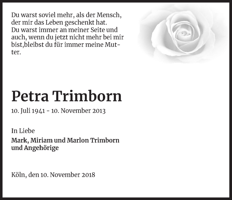  Traueranzeige für Petra Trimborn vom 10.11.2018 aus Kölner Stadt-Anzeiger / Kölnische Rundschau / Express