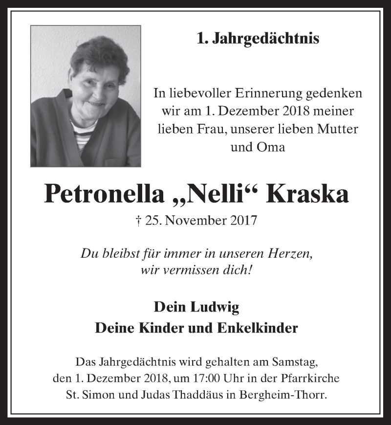  Traueranzeige für Petronella Kraska vom 21.11.2018 aus  Werbepost 
