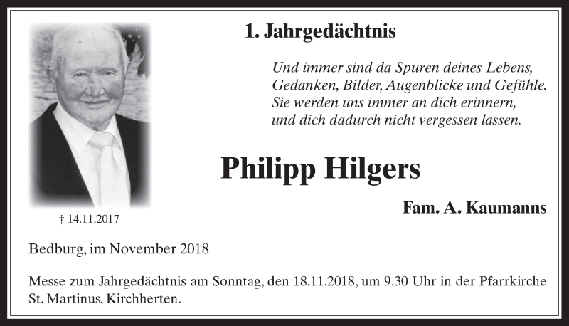  Traueranzeige für Philipp Hilgers vom 14.11.2018 aus  Werbepost 
