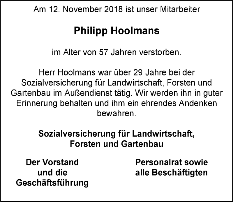  Traueranzeige für Philipp Hoolmans vom 17.11.2018 aus  Sonntags-Post 