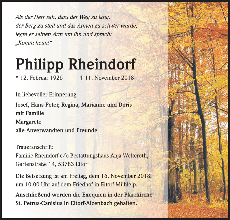  Traueranzeige für Philipp Rheindorf vom 14.11.2018 aus Kölner Stadt-Anzeiger / Kölnische Rundschau / Express