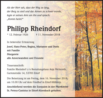 Anzeige von Philipp Rheindorf von Kölner Stadt-Anzeiger / Kölnische Rundschau / Express