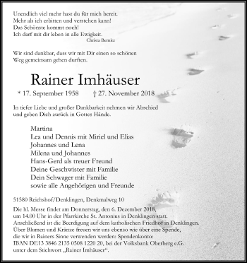 Anzeige von Rainer Imhäuser von Kölner Stadt-Anzeiger / Kölnische Rundschau / Express