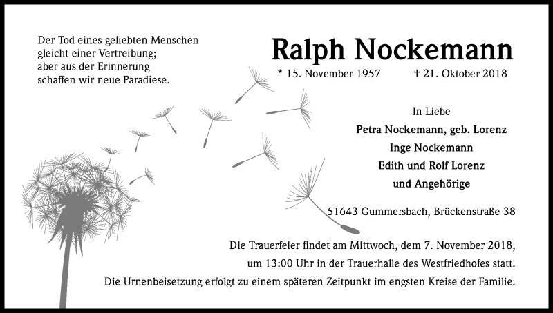  Traueranzeige für Ralph Nockemann vom 03.11.2018 aus Kölner Stadt-Anzeiger / Kölnische Rundschau / Express