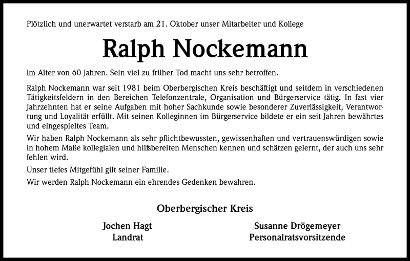  Traueranzeige für Ralph Nockemann vom 07.11.2018 aus Kölner Stadt-Anzeiger / Kölnische Rundschau / Express