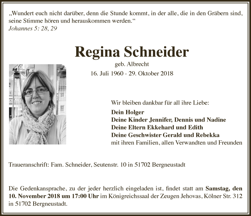  Traueranzeige für Regina Schneider vom 07.11.2018 aus  Anzeigen Echo 