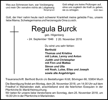 Anzeige von Regula Burck von Kölner Stadt-Anzeiger / Kölnische Rundschau / Express