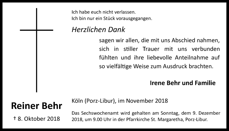  Traueranzeige für Reiner Behr vom 14.11.2018 aus  Kölner Wochenspiegel 