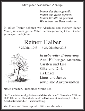 Anzeige von Reiner Halber von  Sonntags-Post 