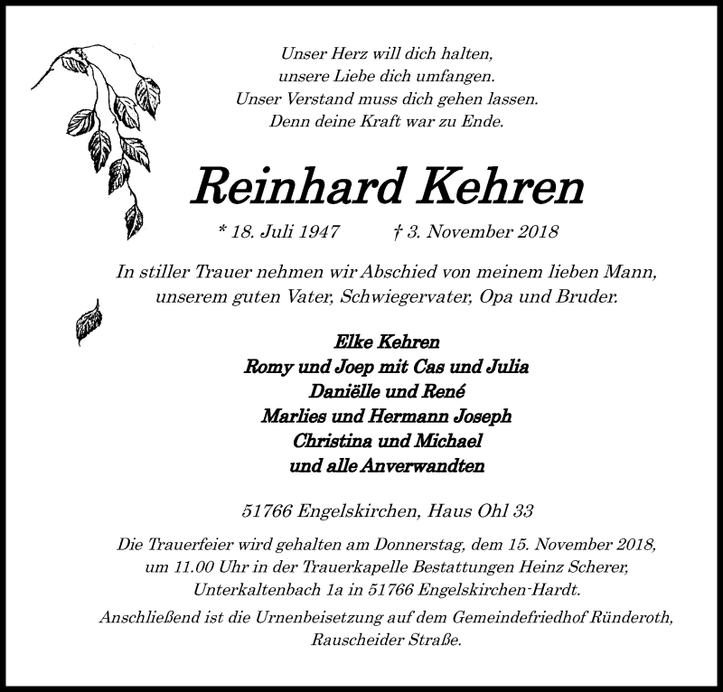  Traueranzeige für Reinhard Kehren vom 07.11.2018 aus Kölner Stadt-Anzeiger / Kölnische Rundschau / Express