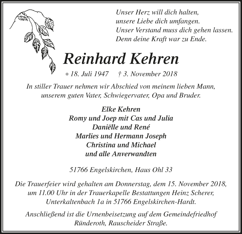  Traueranzeige für Reinhard Kehren vom 07.11.2018 aus  Anzeigen Echo 