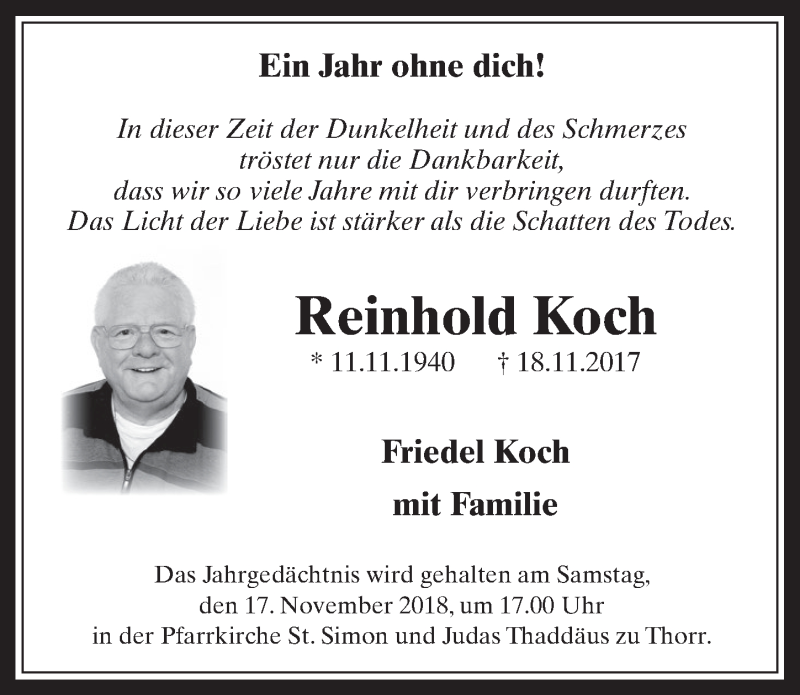  Traueranzeige für Reinhold Koch vom 14.11.2018 aus  Werbepost 