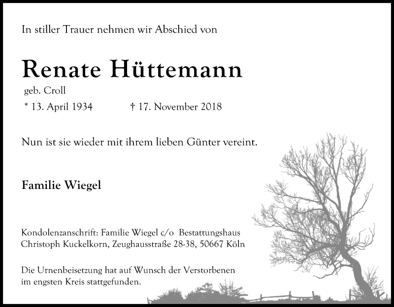  Traueranzeige für Renate Hüttemann vom 01.12.2018 aus Kölner Stadt-Anzeiger / Kölnische Rundschau / Express