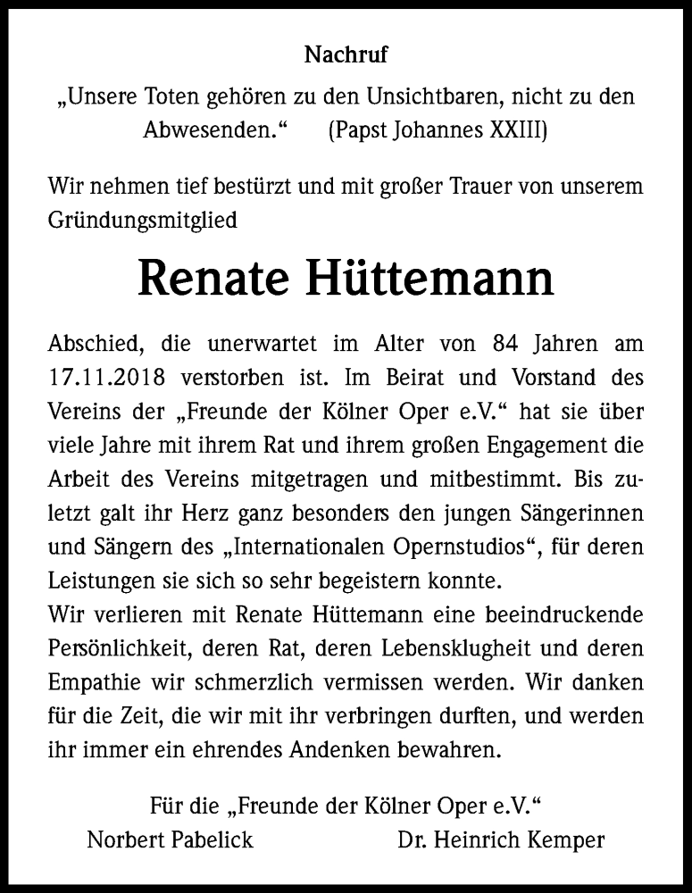  Traueranzeige für Renate Hüttemann vom 01.12.2018 aus Kölner Stadt-Anzeiger / Kölnische Rundschau / Express