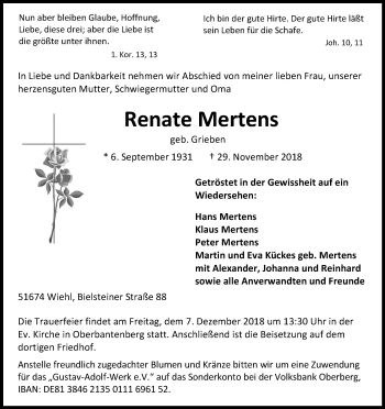 Anzeige von Renate Mertens von Kölner Stadt-Anzeiger / Kölnische Rundschau / Express