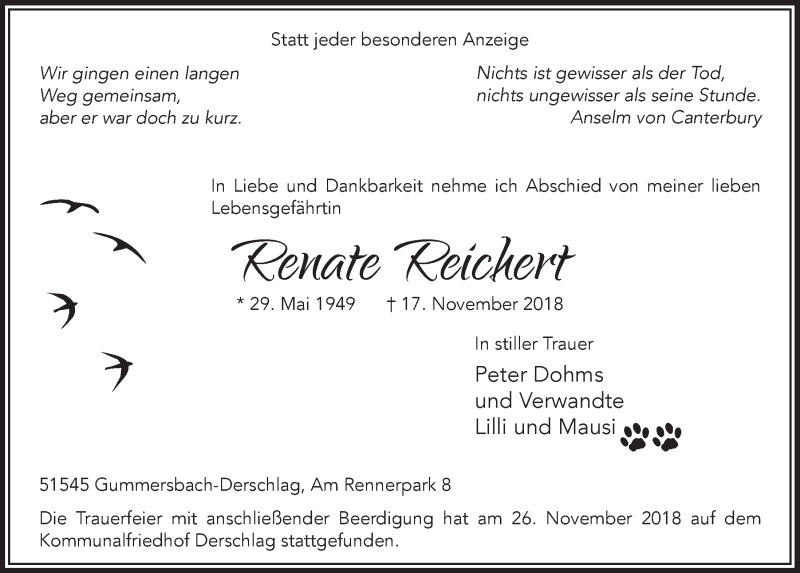  Traueranzeige für Renate Reichert vom 28.11.2018 aus  Anzeigen Echo 