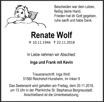Anzeige von Renate Wolf von  Anzeigen Echo 