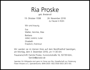 Anzeige von Ria Proske von Kölner Stadt-Anzeiger / Kölnische Rundschau / Express
