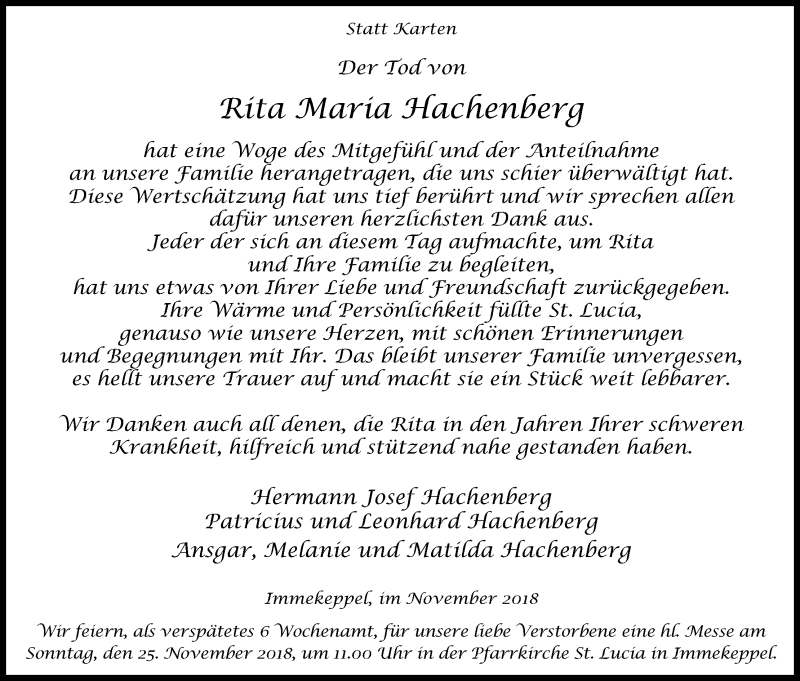  Traueranzeige für Rita Maria Hachenberg vom 17.11.2018 aus Kölner Stadt-Anzeiger / Kölnische Rundschau / Express