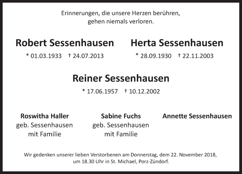  Traueranzeige für Robert Sessenhausen vom 21.11.2018 aus  Kölner Wochenspiegel 
