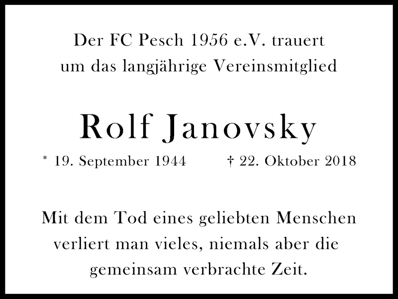  Traueranzeige für Rolf Janovsky vom 03.11.2018 aus Kölner Stadt-Anzeiger / Kölnische Rundschau / Express