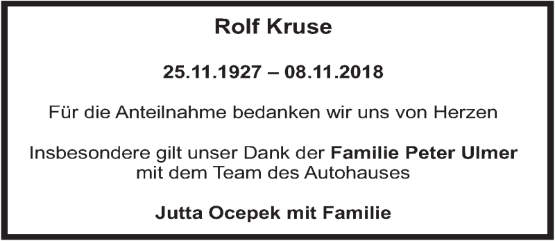  Traueranzeige für Rolf Kruse vom 28.11.2018 aus  Kölner Wochenspiegel 