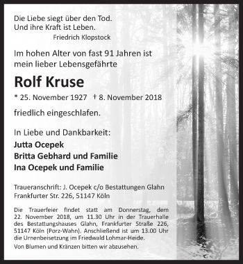Anzeige von Rolf Kruse von  Kölner Wochenspiegel 