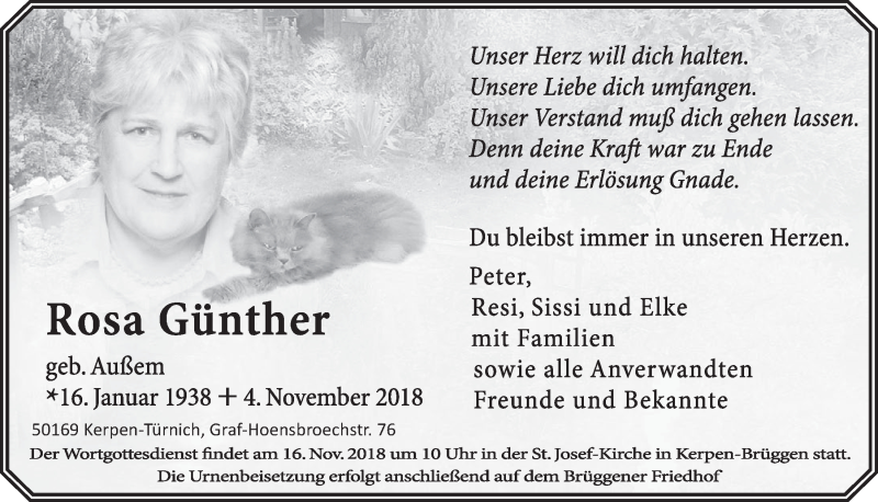  Traueranzeige für Rosa Günther vom 10.11.2018 aus  Sonntags-Post 