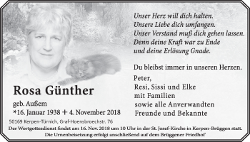 Anzeige von Rosa Günther von  Sonntags-Post 