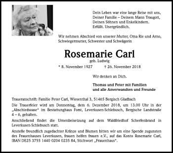 Anzeige von Rosemarie Carl von Kölner Stadt-Anzeiger / Kölnische Rundschau / Express