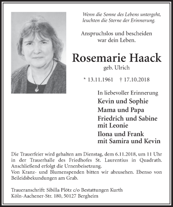 Anzeige von Rosemarie Haack von  Sonntags-Post 