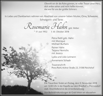 Anzeige von Rosemarie Hahn von  Anzeigen Echo  Lokalanzeiger 