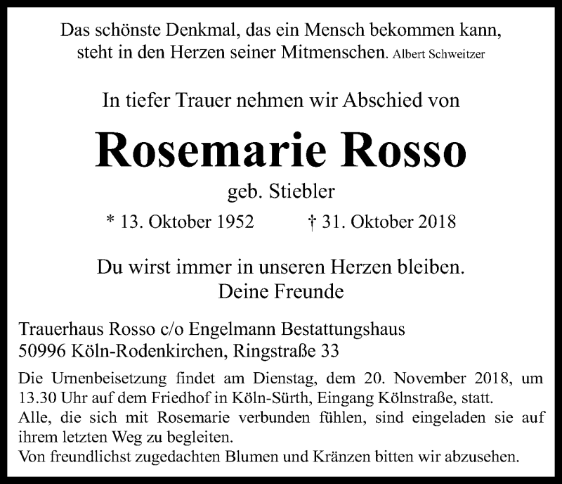  Traueranzeige für Rosemarie Rosso vom 15.11.2018 aus Kölner Stadt-Anzeiger / Kölnische Rundschau / Express