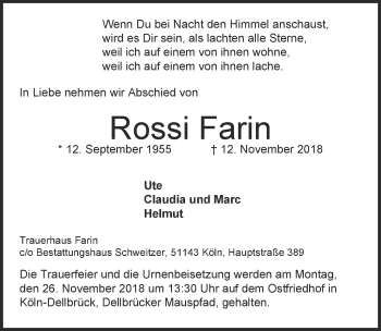 Anzeige von Rossi Farin von  Kölner Wochenspiegel 