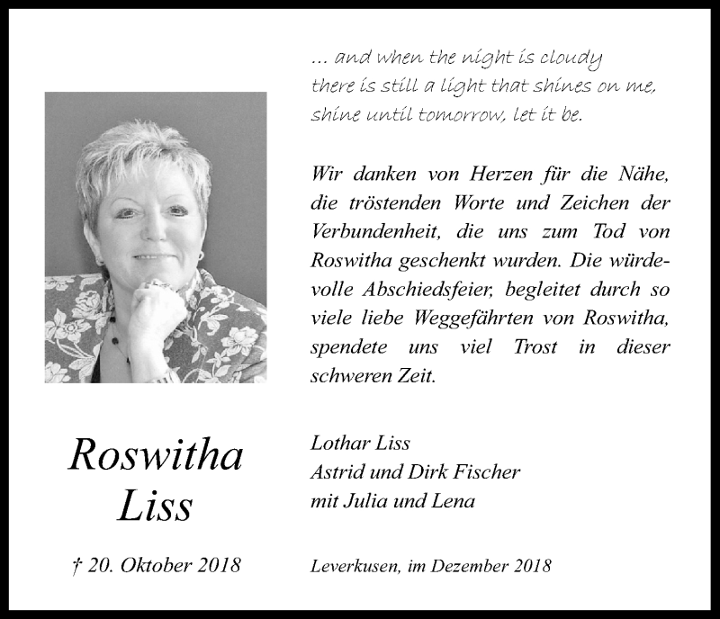  Traueranzeige für Roswitha Liss vom 01.12.2018 aus Kölner Stadt-Anzeiger / Kölnische Rundschau / Express