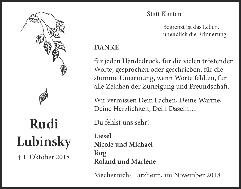  Traueranzeige für Rudi Lubinsky vom 10.11.2018 aus  Blickpunkt Euskirchen 