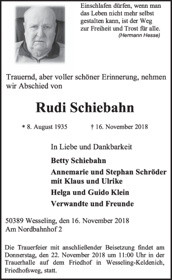 Anzeige von Rudi Schiebahn von  Schlossbote/Werbekurier 