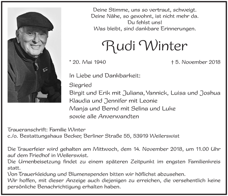  Traueranzeige für Rudi Winter vom 10.11.2018 aus  Blickpunkt Euskirchen 