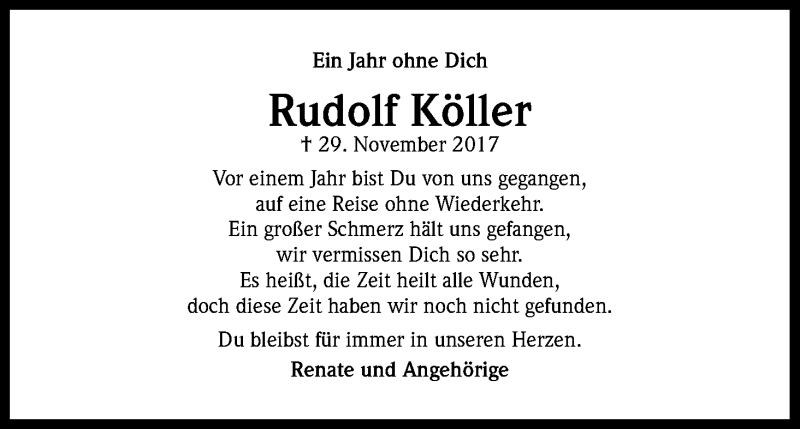  Traueranzeige für Rudolf Köller vom 29.11.2018 aus Kölner Stadt-Anzeiger / Kölnische Rundschau / Express