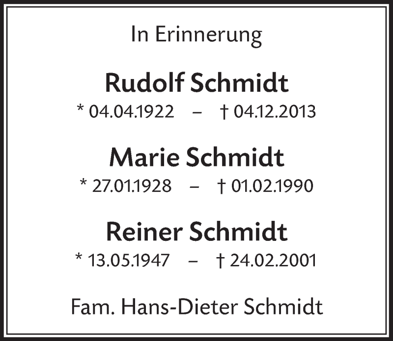  Traueranzeige für Rudolf Schmidt vom 01.12.2018 aus  Sonntags-Post 