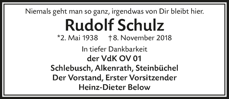  Traueranzeige für Rudolf Schulz vom 21.11.2018 aus  Lokale Informationen 