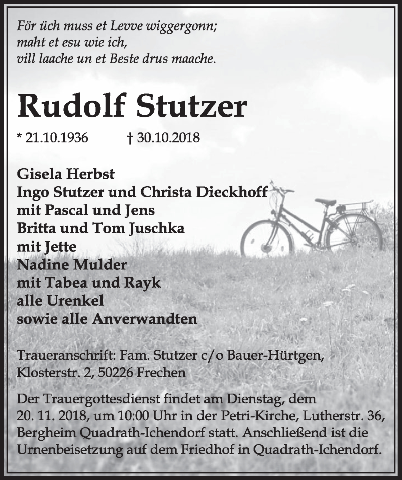  Traueranzeige für Rudolf Stutzer vom 17.11.2018 aus  Sonntags-Post 