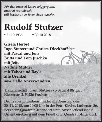 Anzeige von Rudolf Stutzer von  Sonntags-Post 