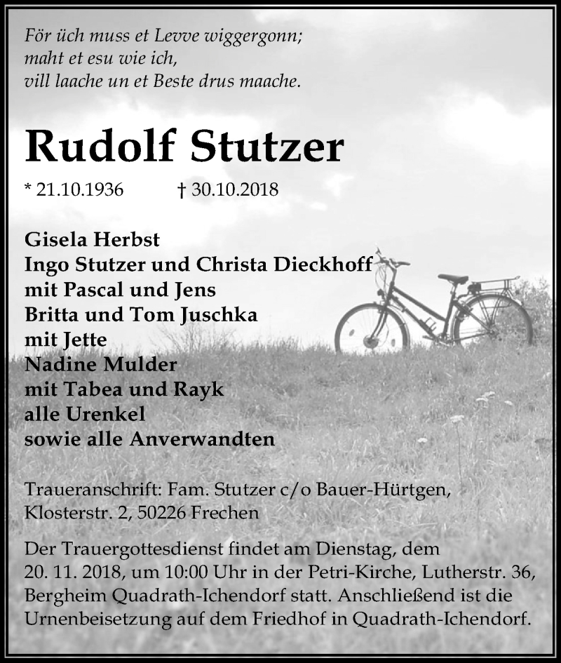  Traueranzeige für Rudolf Stutzer vom 17.11.2018 aus Kölner Stadt-Anzeiger / Kölnische Rundschau / Express