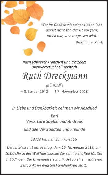 Anzeige von Ruth Dreckmann von Kölner Stadt-Anzeiger / Kölnische Rundschau / Express