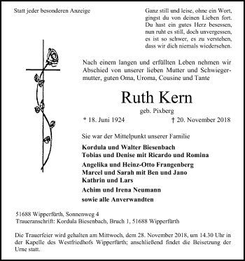 Anzeige von Ruth Kern von Kölner Stadt-Anzeiger / Kölnische Rundschau / Express