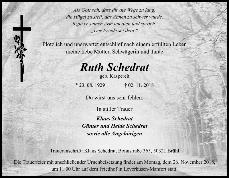  Traueranzeige für Ruth Schedrat vom 22.11.2018 aus Kölner Stadt-Anzeiger / Kölnische Rundschau / Express
