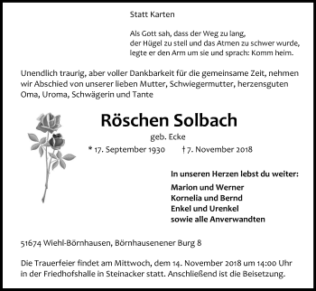 Anzeige von Röschen Solbach von Kölner Stadt-Anzeiger / Kölnische Rundschau / Express
