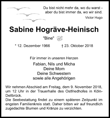 Anzeige von Sabine Hogräve-Heinisch von Kölner Stadt-Anzeiger / Kölnische Rundschau / Express